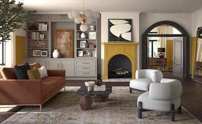 Living room with fireplace and wainscoting painted in Sherwin-Williams least-tinted color, Kingdom Gold.