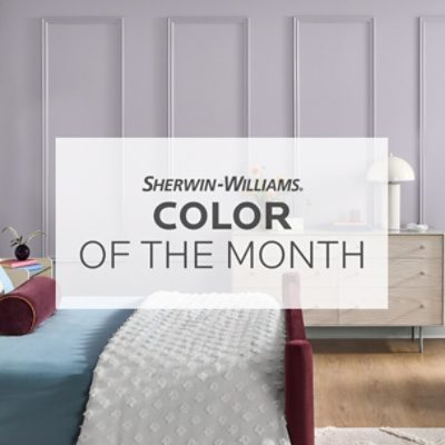 April 2026 Color of the Month, SW 6548 Grape Mist, painted on bedroom wall.