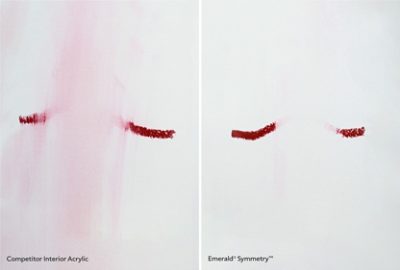 Side-by-side comparison of paint washability with removal of lipstick from a wall painted using a competitor’s interior acrylic paint versus Emerald Symmetry by Sherwin-Williams.