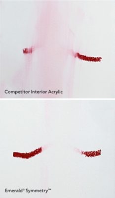 Side-by-side comparison of paint washability with removal of lipstick from a wall painted using a competitor’s interior acrylic paint versus Emerald Symmetry by Sherwin-Williams.
