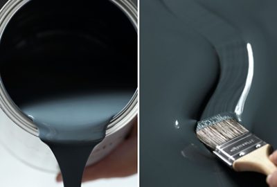Close-ups of Emerald Symmetry paint in the color Tarragon pouring from a can and being applied with a brush.