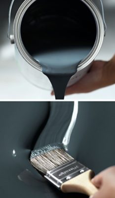 Close-ups of Emerald Symmetry paint in the color Tarragon pouring from a can and being applied with a brush.