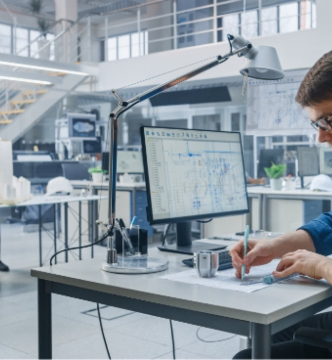 interior of an architects office with an architect sitting in front of plans at a computer