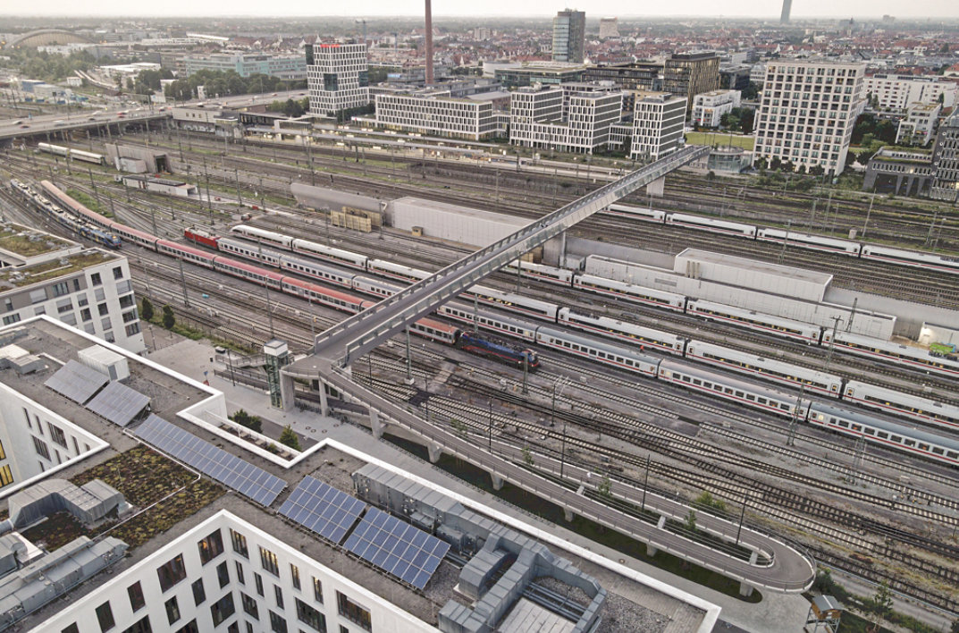 Aerial photo of the pedestrian bridge in Arnulfpark, Munich