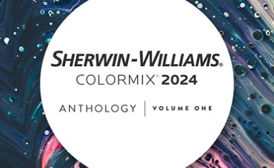 Sherwin-Williams Colormix 2024 logo for Anthology: Volume One in a white circle with a background of swirling multicolored paint.