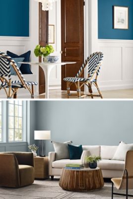 First image: White tulip table and blue and white woven chairs in front of ajar dark wood double doors and bright teal-blue walls with white wainscoting and trim. Second image: Modern living room with light slate-blue walls, cream-colored couch, wood side table with lamp and round glass-topped wooden coffee table with books and decorative vases, two accent chairs.