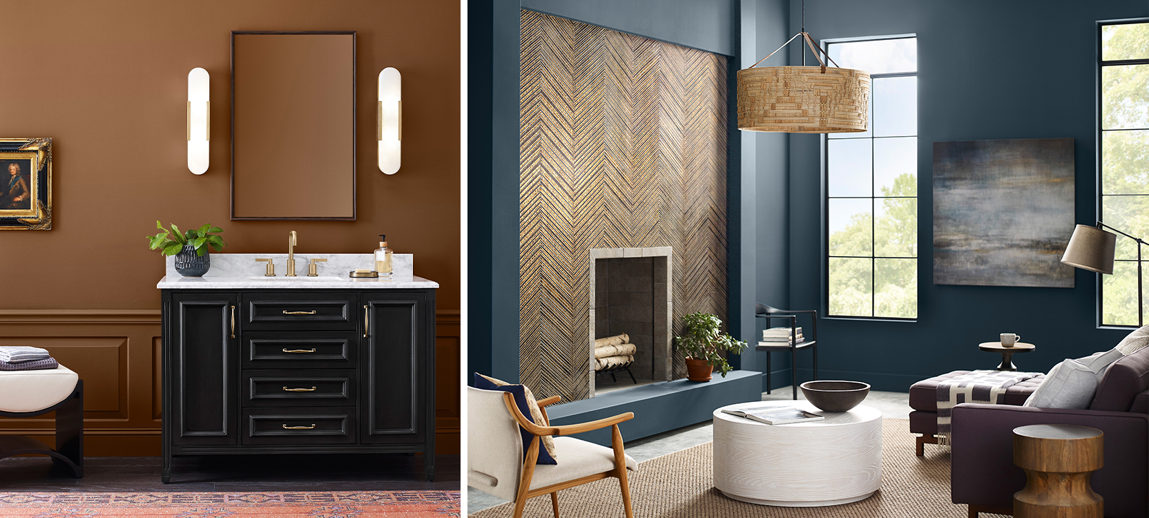 First image: Bathroom vanity with black cabinet, white marble countertop, gold details and modern oblong vertical lights in front of light brown wall with wainscoting. Second image: Living room with deep blue walls, statement fireplace focal point, tall windows and modern traditional style decor. 