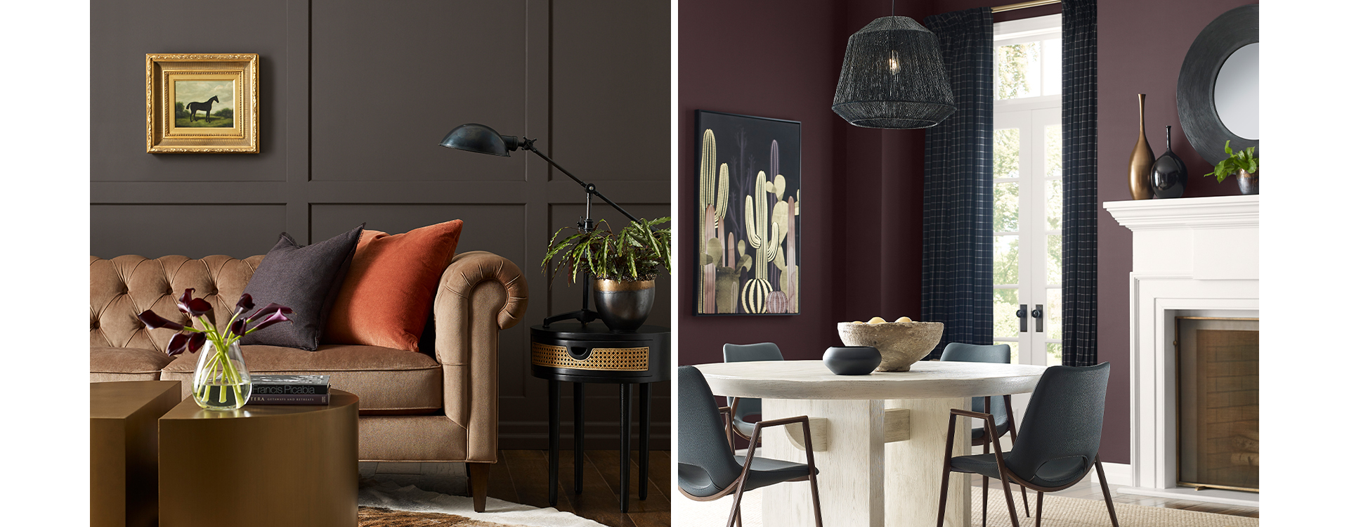 First image: Sitting room with tufted taupe velvet round-armed sofa, black side table and antique-style desk lamp, split-cylinder metallic coffee table, faux animal-hide rug and grid pattern board-and-batten wall painted deep brown. Second image: Dining area with dark purple walls with white French doors framed by navy curtains, black dining chairs and white table under black pendant light, faux zebra-hide rug in front of white fireplace.