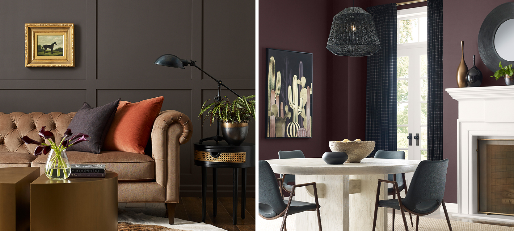 First image: Sitting room with tufted taupe velvet round-armed sofa, black side table and antique-style desk lamp, split-cylinder metallic coffee table, faux animal-hide rug and grid pattern board-and-batten wall painted deep brown. Second image: Dining area with dark purple walls with white French doors framed by navy curtains, black dining chairs and white table under black pendant light, faux zebra-hide rug in front of white fireplace.