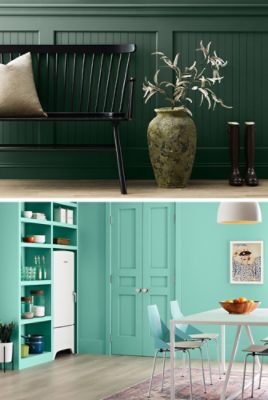 First image: Rich green wall and wainscoting with gallery of hung art pieces, black wooden bench with slatted back and pillow next to planter and black rain boots.  Second image: Dine-in kitchen with light wood floors, bright aqua walls, trim, and pantry doors, modern light blue and white chairs and kitchen table topped with a bowl of fruit near white retro-inspired refrigerator.