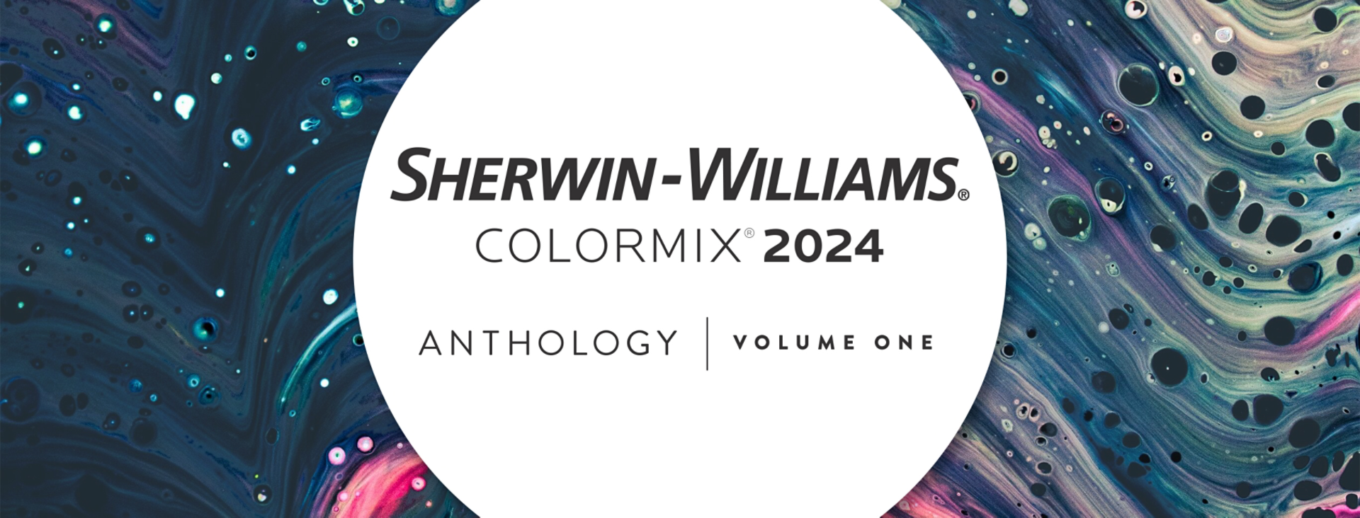 Sherwin-Williams Colormix 2024 logo for Anthology: Volume One in a white circle with a background of swirling multicolored paint.
