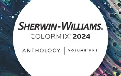 Sherwin-Williams Colormix 2024 logo for Anthology: Volume One in a white circle with a background of swirling multicolored paint.