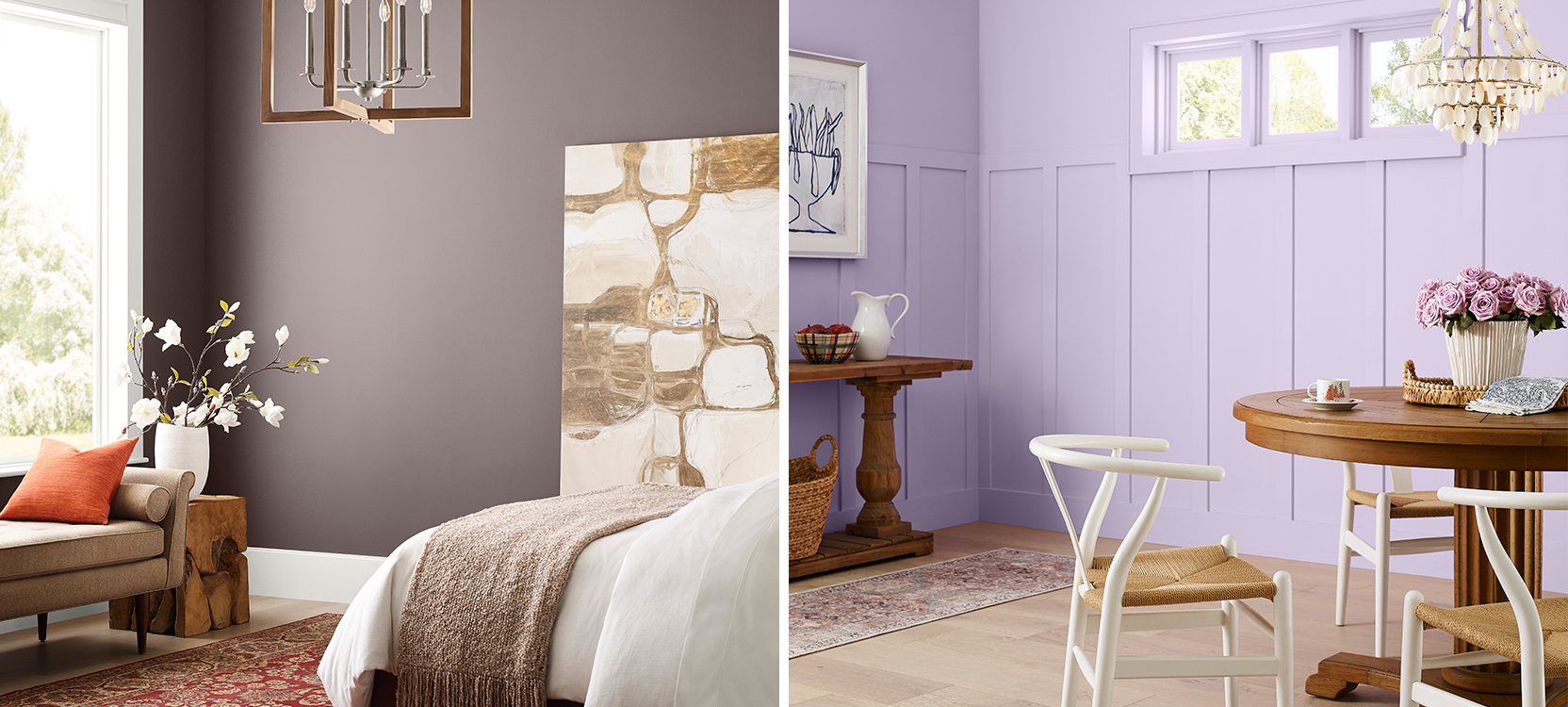 First image: Soothing bedroom with purple-gray walls and white trim, bed with neutral bedding in foreground with large leaning art piece, red floral rug, upholstered settee and wood block accent table with large white vase and flowers in front of window. Second image: Cheerful dining area with light wood floors, lilac board-and-batten walls, seashell chandelier over round wood table surrounded by white wishbone dining chairs.