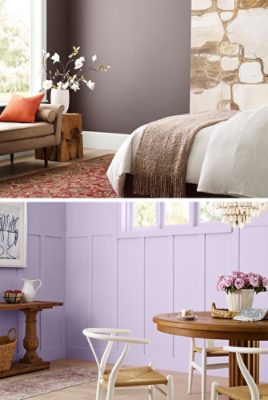 First image: Soothing bedroom with purple-gray walls and white trim, bed with neutral bedding in foreground with large leaning art piece, red floral rug, upholstered settee and wood block accent table with large white vase and flowers in front of window. Second image: Cheerful dining area with light wood floors, lilac board-and-batten walls, seashell chandelier over round wood table surrounded by white wishbone dining chairs.