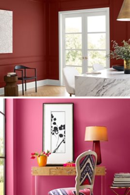 First image: Marble dining surface with two white dining chairs in foreground with white French doors and bright red walls in background. Second image: Vignette of desk area with bright pink walls and light wood floors, upholstered chair in bold print with eclectic decor and art pieces on desk.