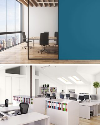 First image: Modern workplace meeting room area with wood floors, conference table and swivel chairs behind glass partition, exposed wood beam ceiling and bank of windows looking out over cityscape. Second image: Interior of office with light wood floors and multiple modular workspaces, white walls, and cathedral ceilings with skylights.