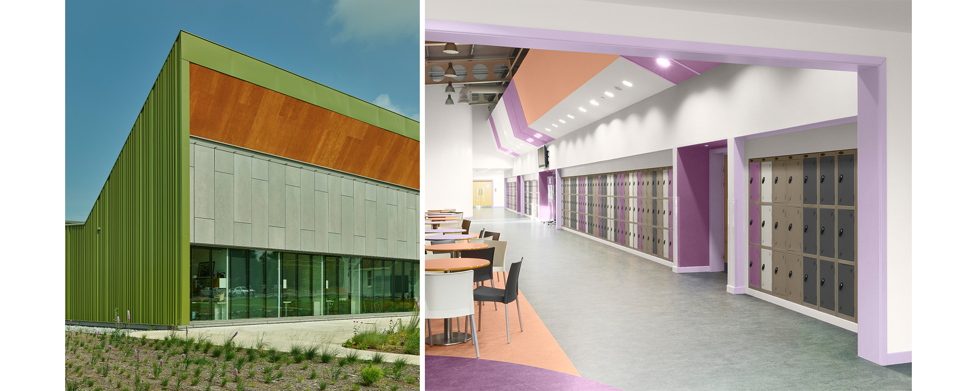 First image: Exterior of Thaden School with green metal paneling, glass doors, and modern architecture. Second image: Hallway and cafeteria of modern school with lockers, floors, and walls in various shades of gray and purple with light orange accents.