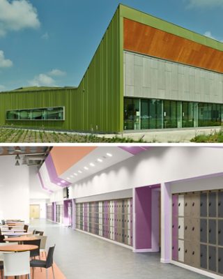 First image: Exterior of Thaden School with green metal paneling, glass doors, and modern architecture. Second image: Hallway and cafeteria of modern school with lockers, floors, and walls in various shades of gray and purple with light orange accents.