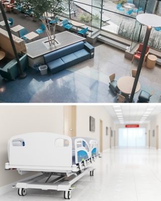 First image: Birds-eye view in hospital atrium waiting area with varicolored performance flooring, large windows, and seating in different shades of blue and neutral colors. Second image: Empty hospital gurney in hallway.