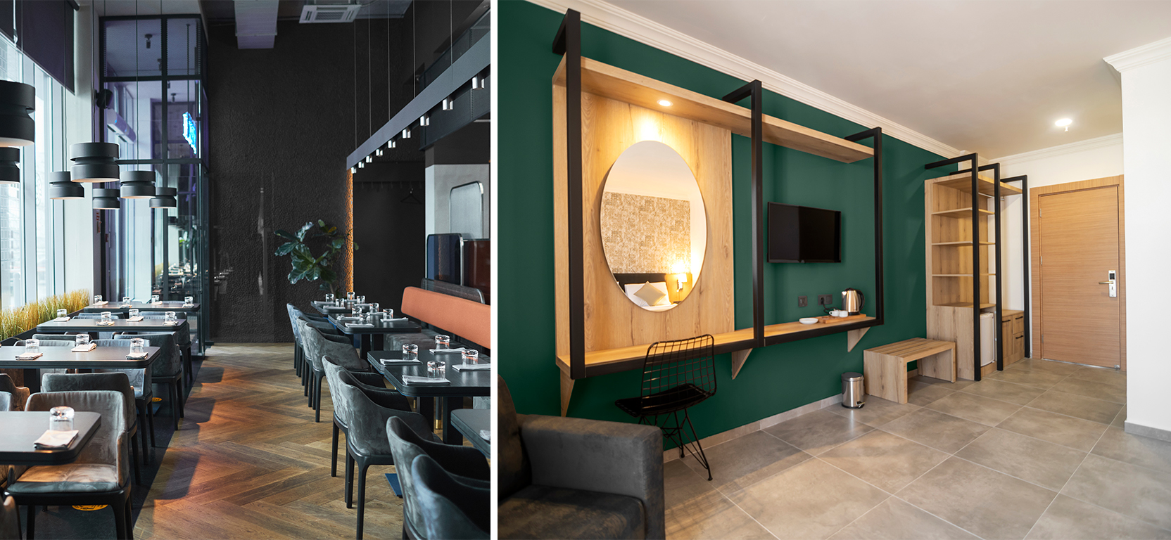 First image: Restaurant interior with herringbone wood floor, black walls and tables and chairs. Second image: Hotel room entryway with built-in wood shelving, bench and desk/vanity area and mounted TV on dark green wall with tile floor.