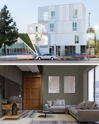 First image: Exterior of white modern four-story apartment building with wedge of green space extending down from the roof to street level. Second image: Urban apartment living area with gray sectional and coffee table in foreground, gray flooring, and artwork on green walls.