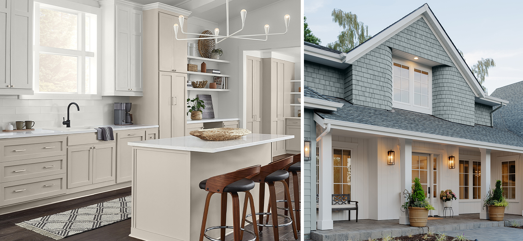 First image: Light neutral kitchen with wooden stools at island counter and dark wood floors. Second Image: Exterior facade of new residential construction home with mix of white and gray siding and greenery in planters on open porch.