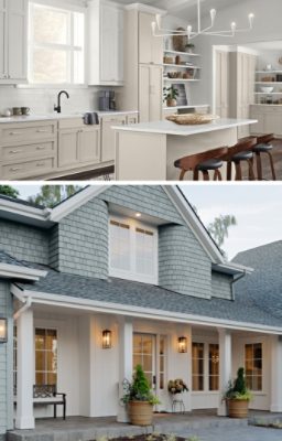 First image: Light neutral kitchen with wooden stools at island counter and dark wood floors. Second Image: Exterior facade of new residential construction home with mix of white and gray siding and greenery in planters on open porch.