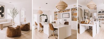 Interior of the Joy Meets Home office, studio, and retail space, with light wood floors, white walls, arched doorways, and accent furniture in rich brown leather and crisp white.