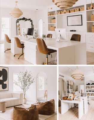 Interior of the Joy Meets Home office, studio, and retail space, with light wood floors, white walls, arched doorways, and accent furniture in rich brown leather and crisp white.