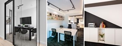 Left image: View through the glass wall of a modern meeting space with black-and-white color scheme, laptops on black table and monitor mounted on the wall. Center image: Modern office workspace with white walls and desks, black chairs and track lighting, architectural lighting and high horizontal wood shelves. Right image: Low white cabinet in office in front of a wall bisected diagonally and painted black and white.