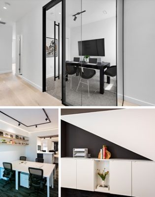 Top image: View through the glass wall of a modern meeting space with black-and-white color scheme, laptops on black table and monitor mounted on the wall. Center image: Modern office workspace with white walls and desks, black chairs and track lighting, architectural lighting and high horizontal wood shelves. Bottom image: Low white cabinet in office in front of a wall bisected diagonally and painted black and white.