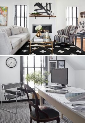 Interior of Joni Spear’s private residence, including a living room with a black-and-white color scheme, modern fireplace, and brassy accents, and a black-and-white home office with vaulted ceilings and a black chandelier.