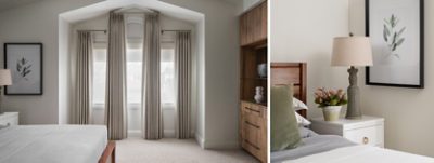 Left image: Serene white bedroom with end of bed in foreground and pentagonal window niche with three panels of curtains that reach the floor. Right image: White nightstand beside bed with potted flowers and lamp in front of botanical art print on the adjacent wall.