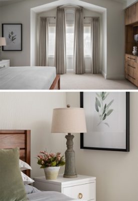 Top image: Serene white bedroom with end of bed in foreground and pentagonal window niche with three panels of curtains that reach the floor. Bottom image: White nightstand beside bed with potted flowers and lamp in front of botanical art print on the adjacent wall.