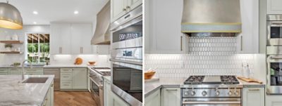 Spacious modern kitchen with white quartzite countertops, white upper cabinets and soft green base cabinets and island and stainless steel appliances.