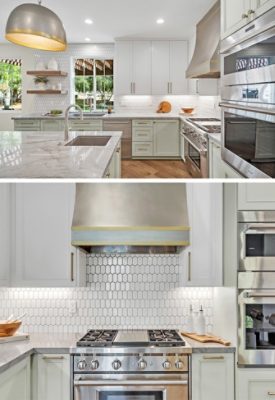 Spacious modern kitchen with white quartzite countertops, white upper cabinets and soft green base cabinets and island and stainless steel appliances.