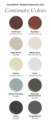 Graphic of ten paint color dollops depicting the Continuity Colors of the 2027 Colormix Trend Forecast, including Cordovan, Red Barn, High Sierra, White Duck, Celery, Icicle, Dutch Tile Blue, Roycroft Bronze Green, Clove, and Forged Steel.