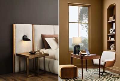 Two rooms that capture the Reconnect design story, including a bedroom with an upholstered boucle headboard and bedframe with walls in the Sherwin-Williams color Clove, and a Renwick Golden Oak office.
