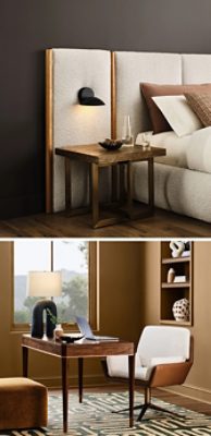 Two rooms that capture the Reconnect design story, including a bedroom with an upholstered boucle headboard and bedframe with walls in the Sherwin-Williams color Clove, and a Renwick Golden Oak office.