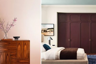 Two rooms that embody the Reignite design story, including a wood paneled statement cabinet against a Sherwin-Williams Lotus Petal wall and a modern bedroom with White Duck walls, Cordovan closet doors, and Quietude ceiling.