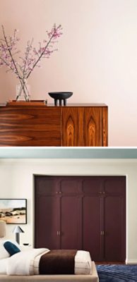 Two rooms that embody the Reignite design story, including a wood paneled statement cabinet against a Sherwin-Williams Lotus Petal wall and a modern bedroom with White Duck walls, Cordovan closet doors, and Quietude ceiling.
