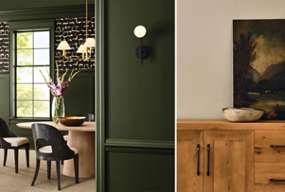 Two rooms that capture the Revive design story, a Secret Garden–painted dining room and a closeup of a wooden sideboard against a beige wall in the Sherwin-Williams color Beachcomber.