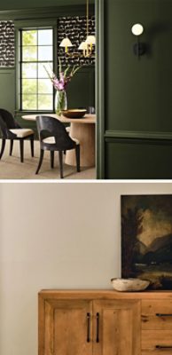Two rooms that capture the Revive design story, a Secret Garden–painted dining room and a closeup of a wooden sideboard against a beige wall in the Sherwin-Williams color Beachcomber.