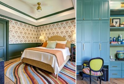 A collage featuring a cozy bedroom with floral wallpaper and trim in Sherwin-Williams Vogue Green, and a built-in bookcase in Sherwin-Williams Teal Stencil and Majolica Green.