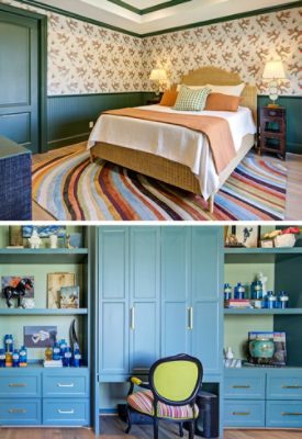 A collage featuring a cozy bedroom with floral wallpaper and trim in Sherwin-Williams Vogue Green, and a built-in bookcase in Sherwin-Williams Teal Stencil and Majolica Green.