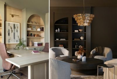 A collage featuring a modern office with walls in Sherwin-Williams At Ease Soldier, a light wooden desk, and brown chair, and a dark seating area with walls in Sherwin-Williams Tungsten, boucle armchairs, a circular coffee table, and a layered glass chandelier.