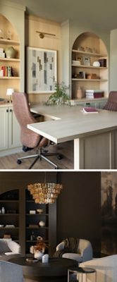 A collage featuring a modern office with walls in Sherwin-Williams At Ease Soldier, a light wooden desk, and brown chair, and a dark seating area with walls in Sherwin-Williams Tungsten, boucle armchairs, a circular coffee table, and a layered glass chandelier.