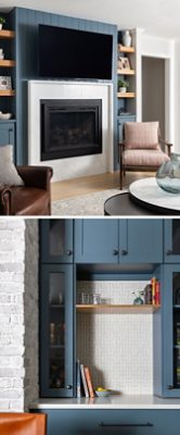 A modern living room with walls in Sherwin-Williams Drift of Mist featuring a fireplace with a mounted TV, armchair, circular coffee table, and built-ins painted Sherwin-Williams Slate Tile.