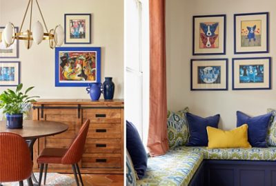 A collage featuring a dining area with a round wooden table, ribbed terracotta chairs, and a wooden sideboard with blue vases against walls in Sherwin-Williams Greek Villa, alongside a cozy window nook with patterned cushions on top of a bench in Sherwin-Williams Naval, and colorful dog-themed artwork.