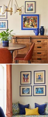 A collage featuring a dining area with a round wooden table, ribbed terracotta chairs, and a wooden sideboard with blue vases against walls in Sherwin-Williams Greek Villa, alongside a cozy window nook with patterned cushions on top of a bench in Sherwin-Williams Naval, and colorful dog-themed artwork.